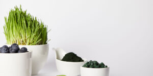A white surface with nutrient-rich foods: a bowl of blueberries, a bowl of greens, and a bowl of small green spheres sit beside a cup of green powder. These foods can be part of an adult's diet to gain weight while ensuring adequate vitamins. Tall grass-like plants are in the background.